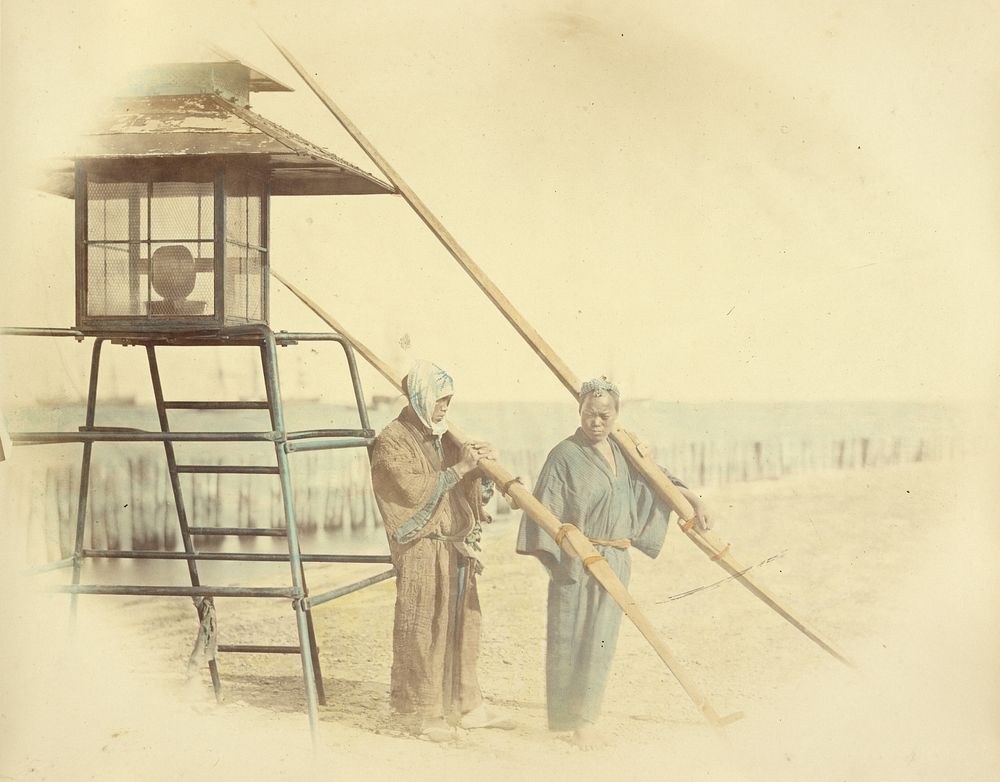Two Men with Oars Standing Next to a Lantern by Felice Beato