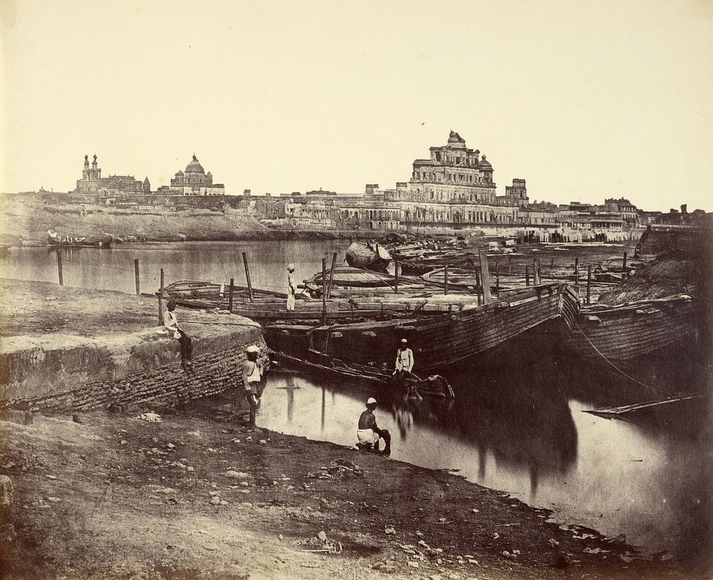 The Bridge of Boats Over the Gomti River Near  the Chutter Munzil, with the Fared Buksh Palace by Felice Beato and Henry…