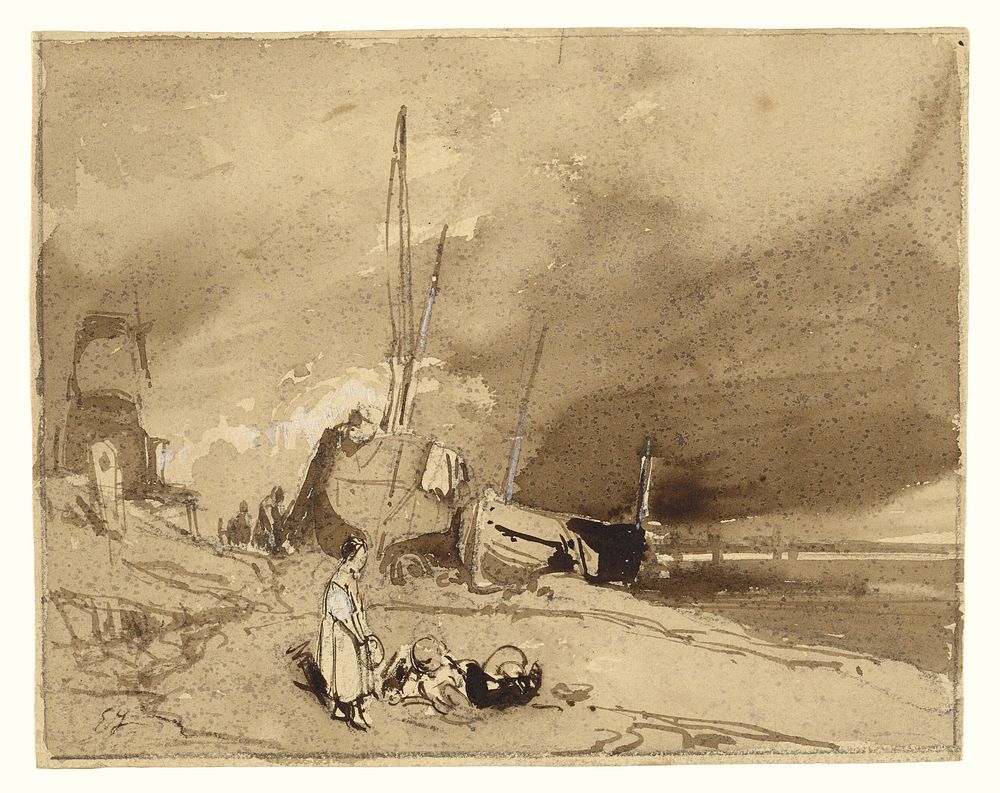 Bord de Plage (Fishing-boats on a beach, storm clouds in the distance) by Eugène Isabey