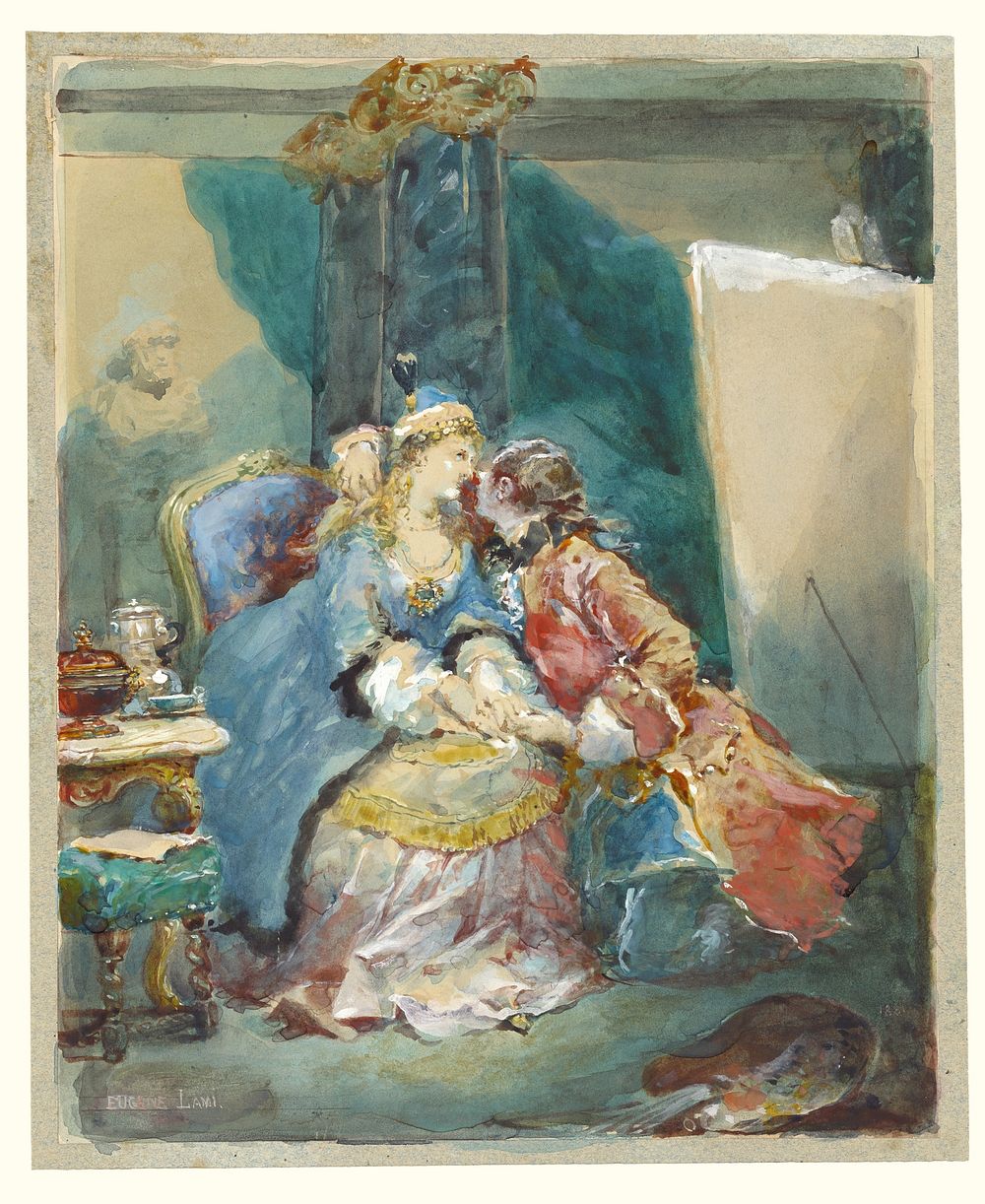 A Couple Embracing in an Artist's Studio by Eugène Louis Lami