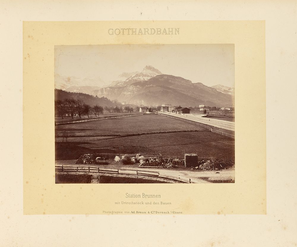 Gotthardbahn: Station Brunnen mit Urirothstock und den Bauen by Adolphe Braun and Cie