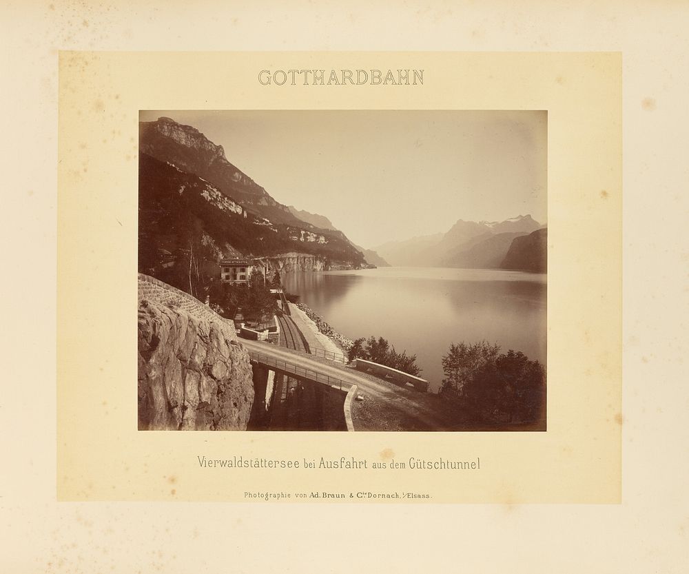 Gotthardbahn: Vierwaldstättersee bei Ausfahrt aus dem Gütschtunnel by Adolphe Braun and Cie