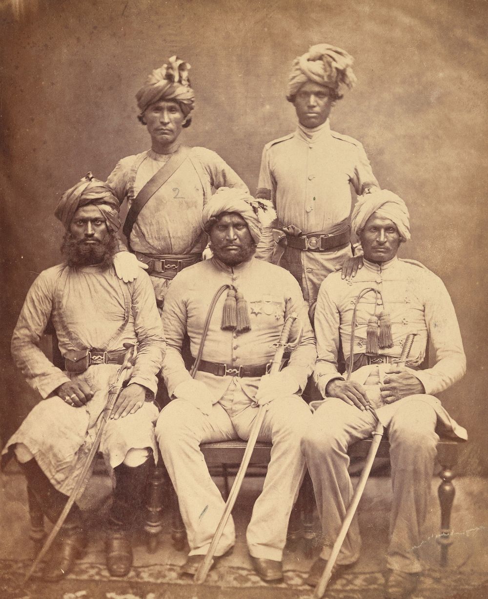 Group portrait of five native officers, India