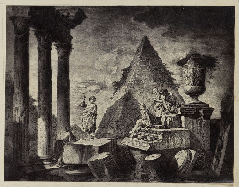 Painting of figure in front of pyramid