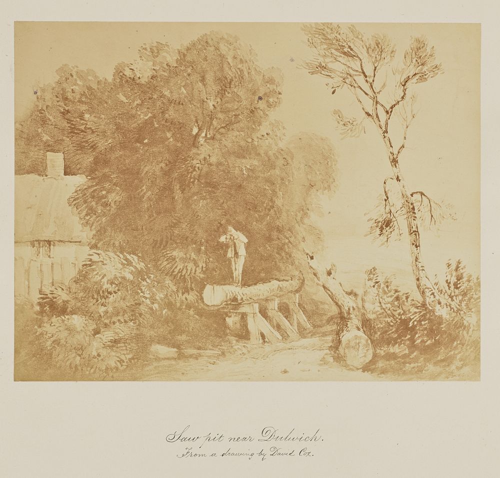 Saw pit near Dubwick. From a drawing by David Cox.