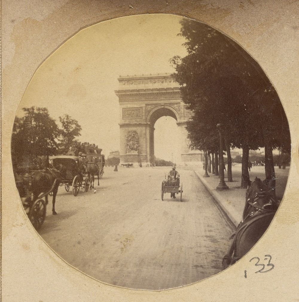 View of the Arc de Triomphe, Paris, France, with carriages in the street