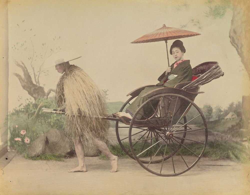 Woman with Parasol Posed Being Pulled in a Jinrikisha by a Man Wearing a Straw Rain Coat by Kusakabe Kimbei
