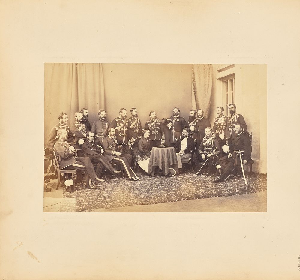 Group portrait of Sir William Mansfield, Lady Margaret Mansfield, and his staff