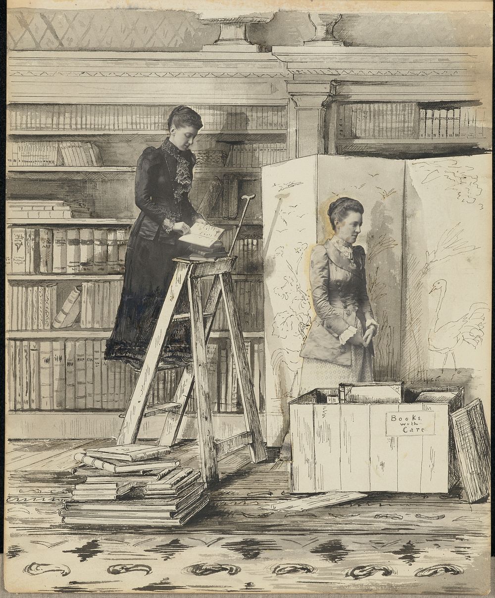 Two women in a bookshop or library