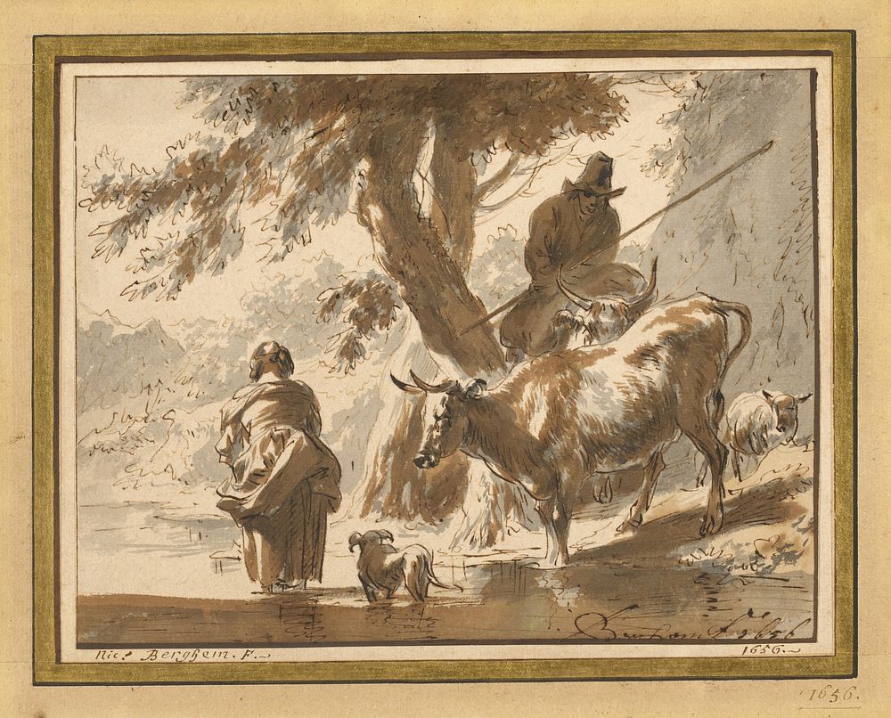 Cows Crossing a Ford with a Couple and a Dog by Nicolaes Berchem