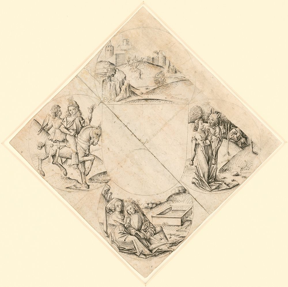 Design for a Quatrefoil with a Castle, Two Lovers, a Maiden Tempted by a Fool, a Couple Seated by a Trough, and a Knight and…