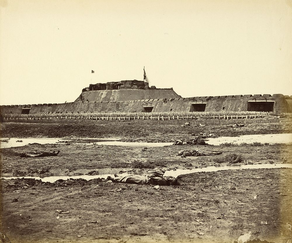 Rear of the North Fort after its capture, showing the Retreat of the Chinese Army by Felice Beato and Henry Hering
