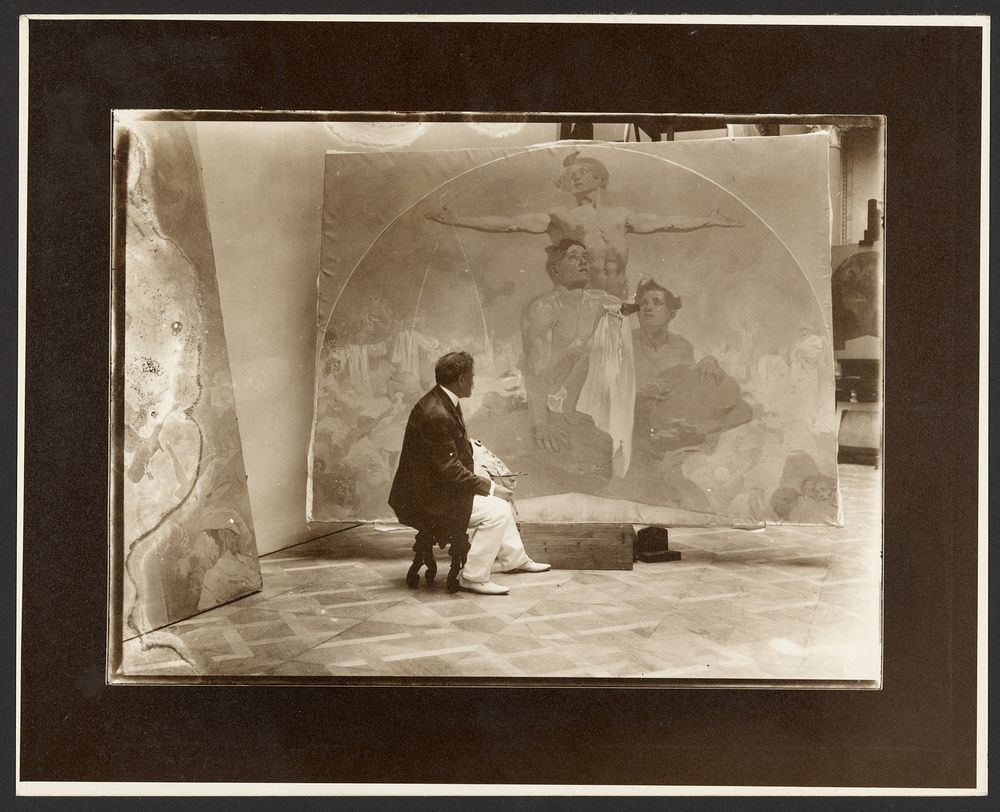 Self-Portrait of Alphonse Mucha at Work on "Lunette, Through Strength to Liberty, Through Love to Unity!" for the Mayor's…