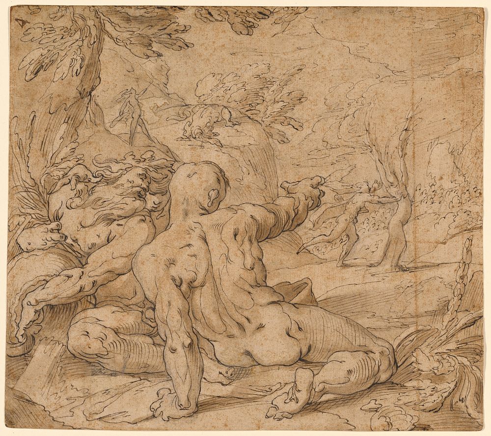 River Gods Watching Apollo Pursuing Daphne (recto); Virgin and Child and Two Partial Studies of Hands and Drapery (verso) by…