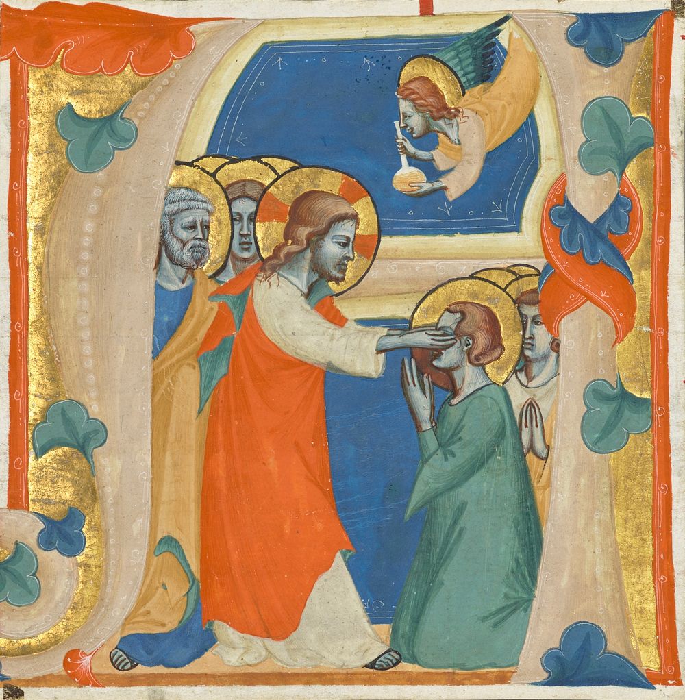 Initial A: Christ Wiping the Tears from the Eyes of the Saved by Master of the Antiphonary of San Giovanni Fuorcivitas