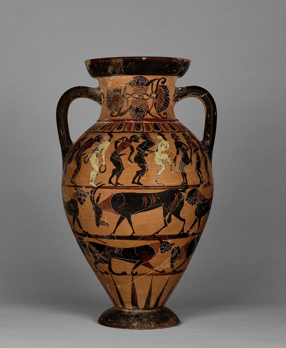 Neck amphora with (A) nude men and women, and (B) man and woman between sphinxes by Timiades Painter