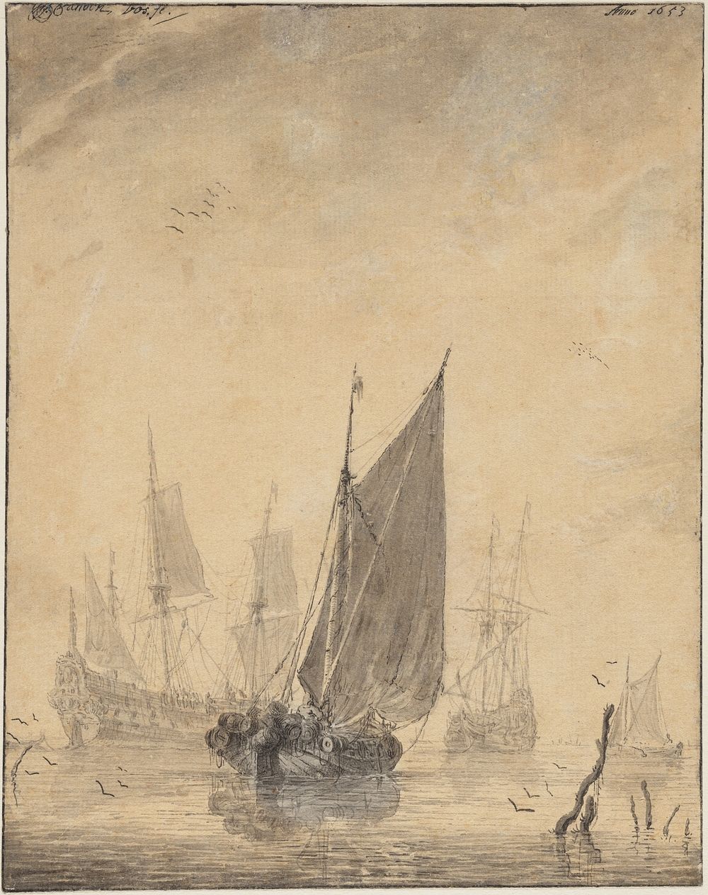 Man-of-War and Small Vessels by Caspar van den Bos