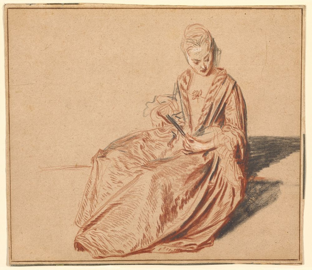 Seated Woman with a Fan by Jean Antoine Watteau