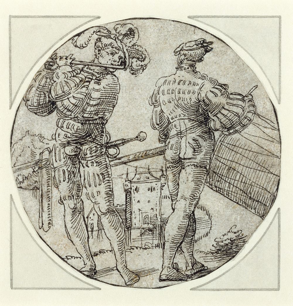 A Flutist and Drummer Before a Moated Castle by Master of the Berlin Roundels