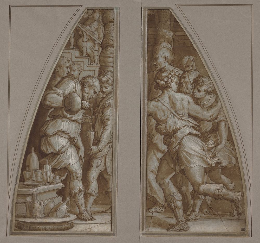 "Bearded Man Filling a Glass" and "Youth Running" by Giorgio Vasari