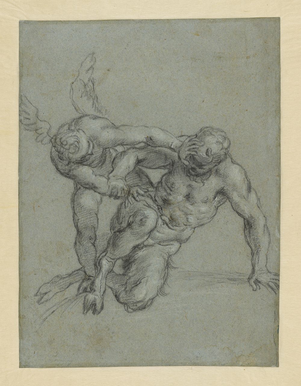 Cupid Overpowering Pan (recto); Head of a Monk; Caricature of a Man in Profile (verso) by Agostino Carracci