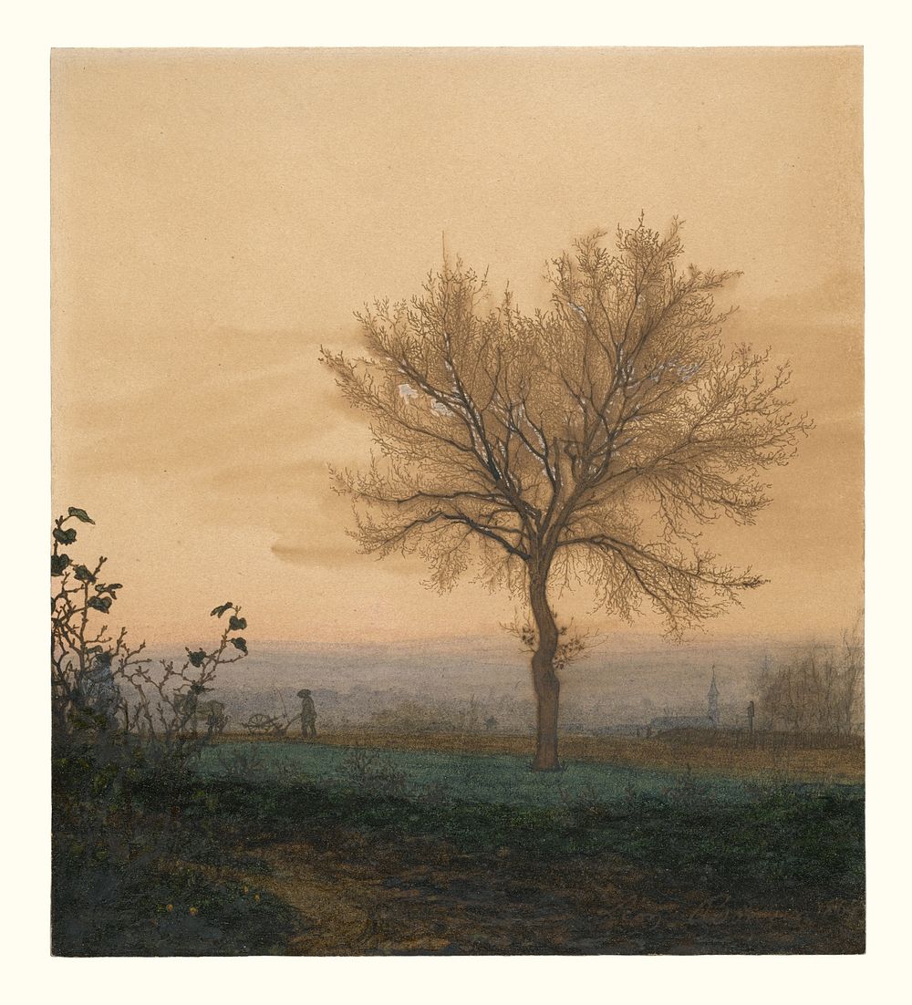 Landscape with a Bare Tree and a Plowman by Léon Bonvin