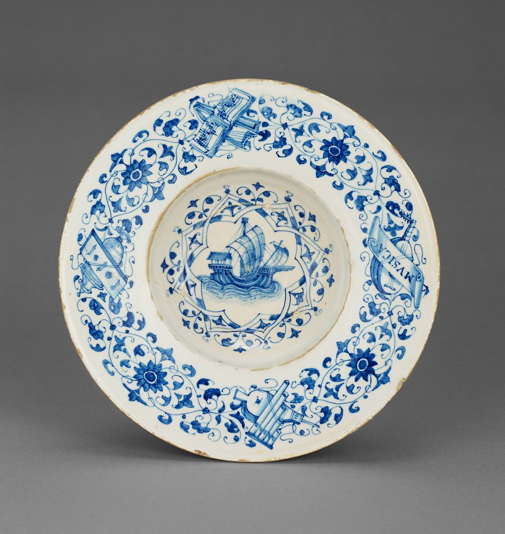 Blue and White Dish with a Merchant Ship