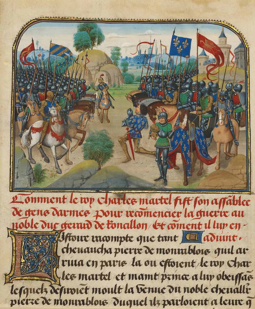 The Armies of France and Burgundy with Martel in Prayer by Loyset Liédet and Pol Fruit