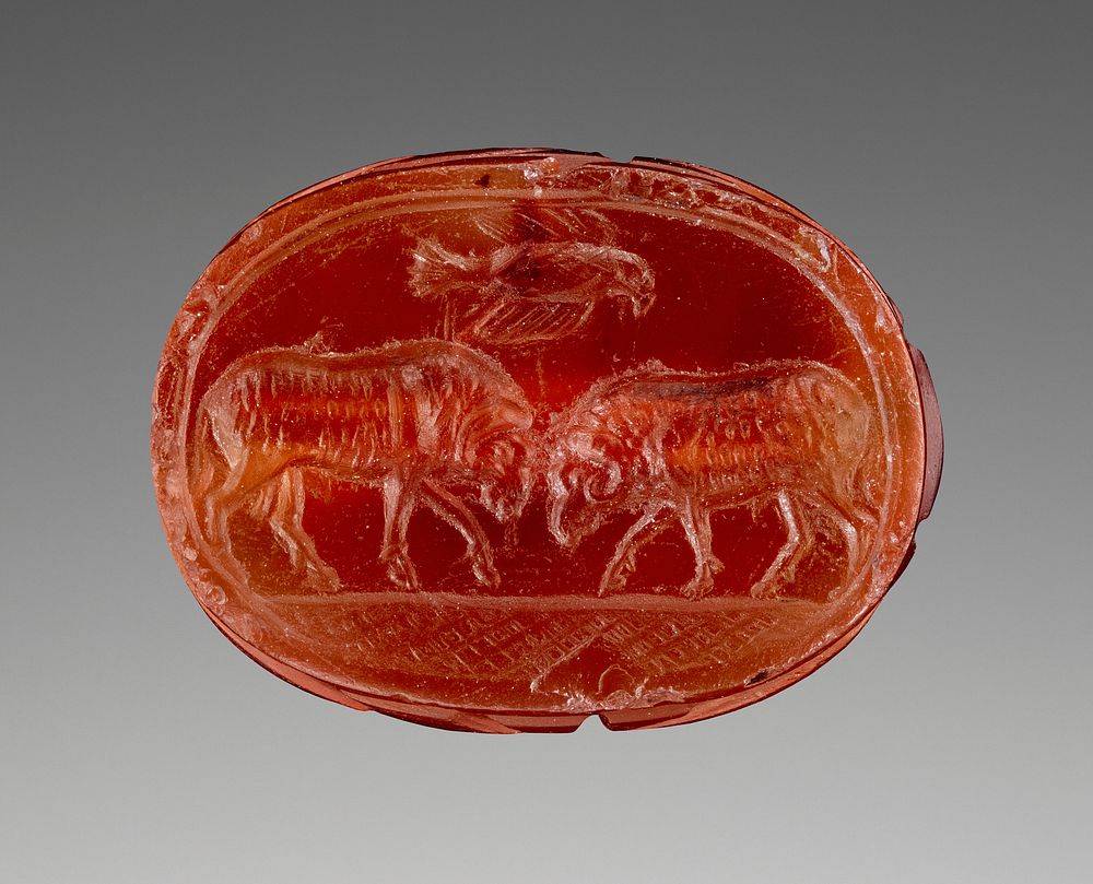 Engraved Scarab with Two Rams Butting Heads by Sphinx and Youth Group I