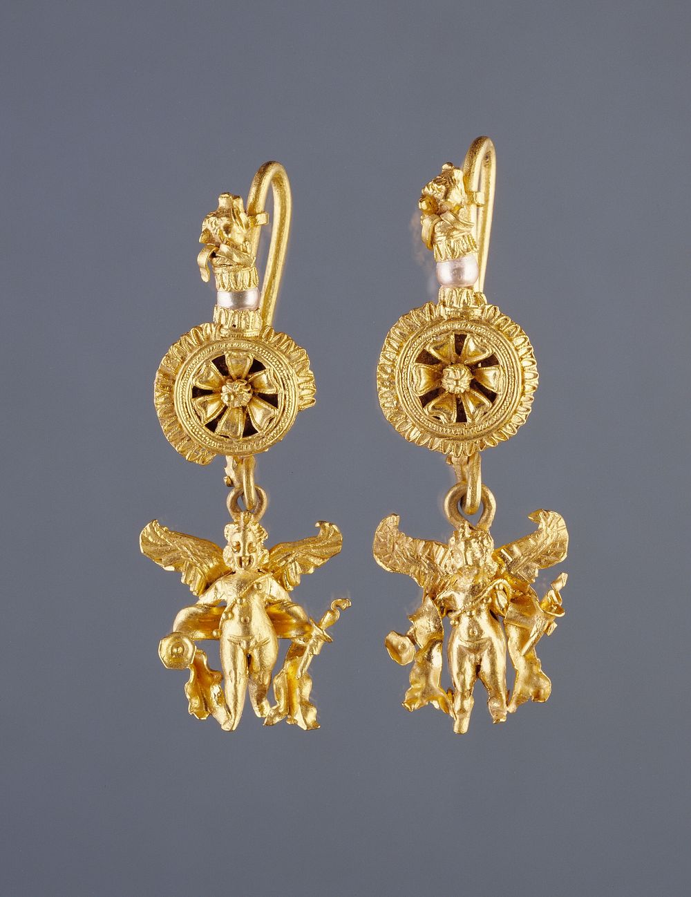 Pair of Disk Pendant Earrings with a Figure of Eros