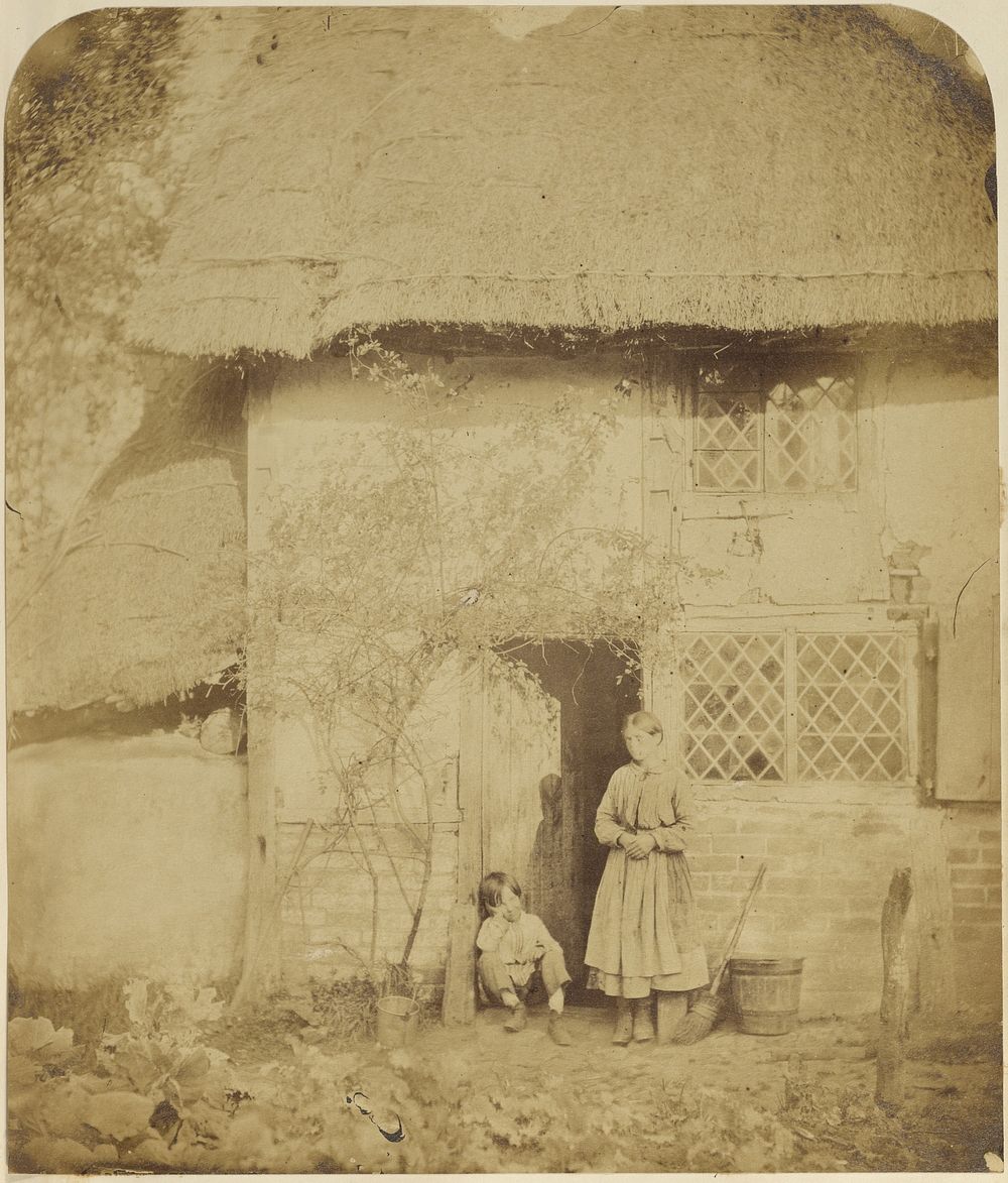 Woman and boy in front of cottage by William Sherlock