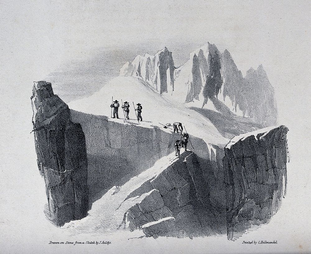 The ascent of Mont Blanc by John Auldjo's party in 1827: the party negotiating a cliff. Lithograph after J. Auldjo, 1828.