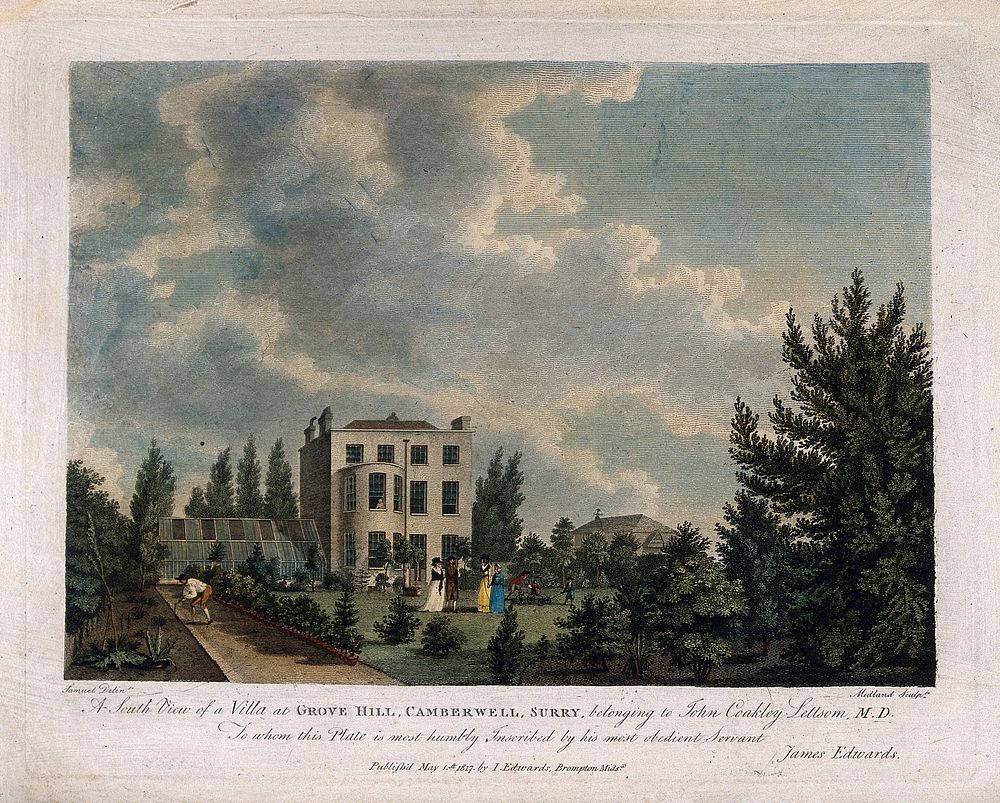 John Coakley Lettsom's house: south view of Grove Hill, Camberwell, Surrey. Coloured engraving by T. Medland, after G.…