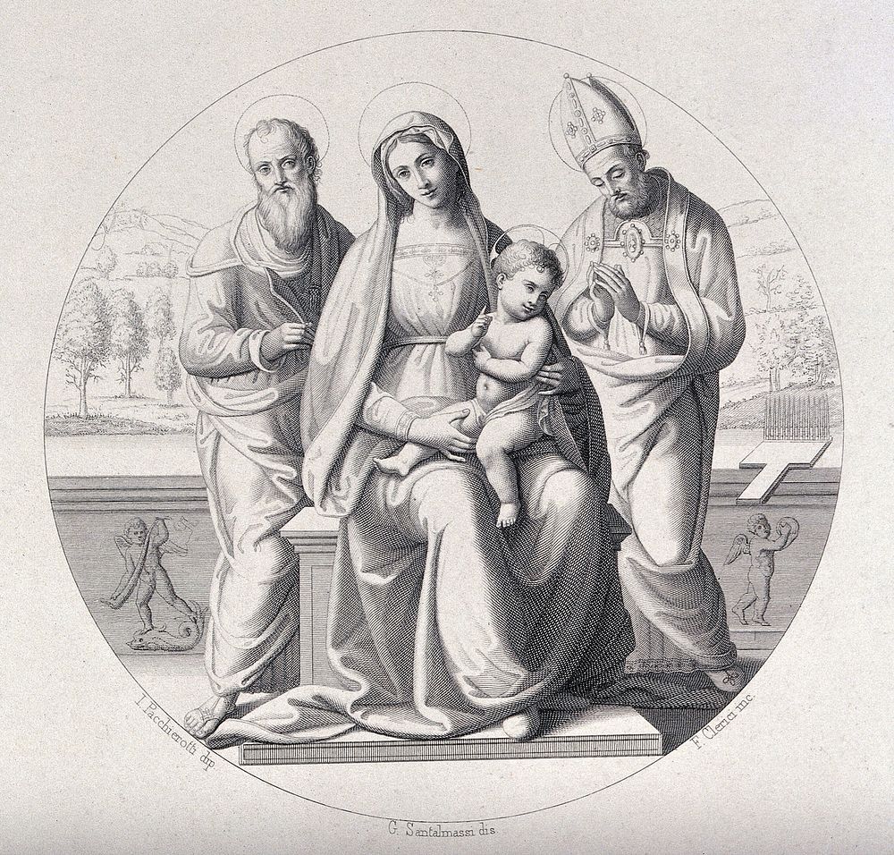 Saint Mary (the Blessed Virgin) with the Christ Child, Saint Bartholomew  and Saint Blaise. Engraving by F. Clerici after G.…