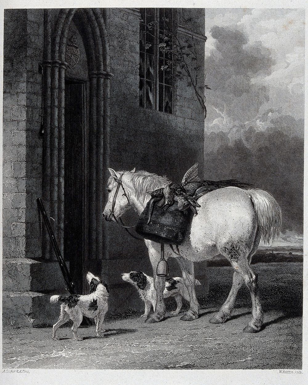A white pony and two dogs (field spaniels) wait by a carved stone (church) doorway. Engraving by W. Raddon after A. Cooper…
