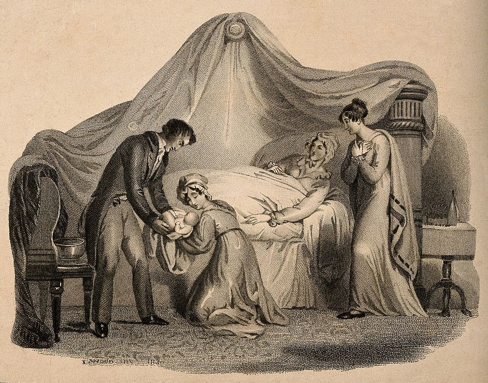A woman in bed after giving birth. Engraving by J. Wood, 1830.