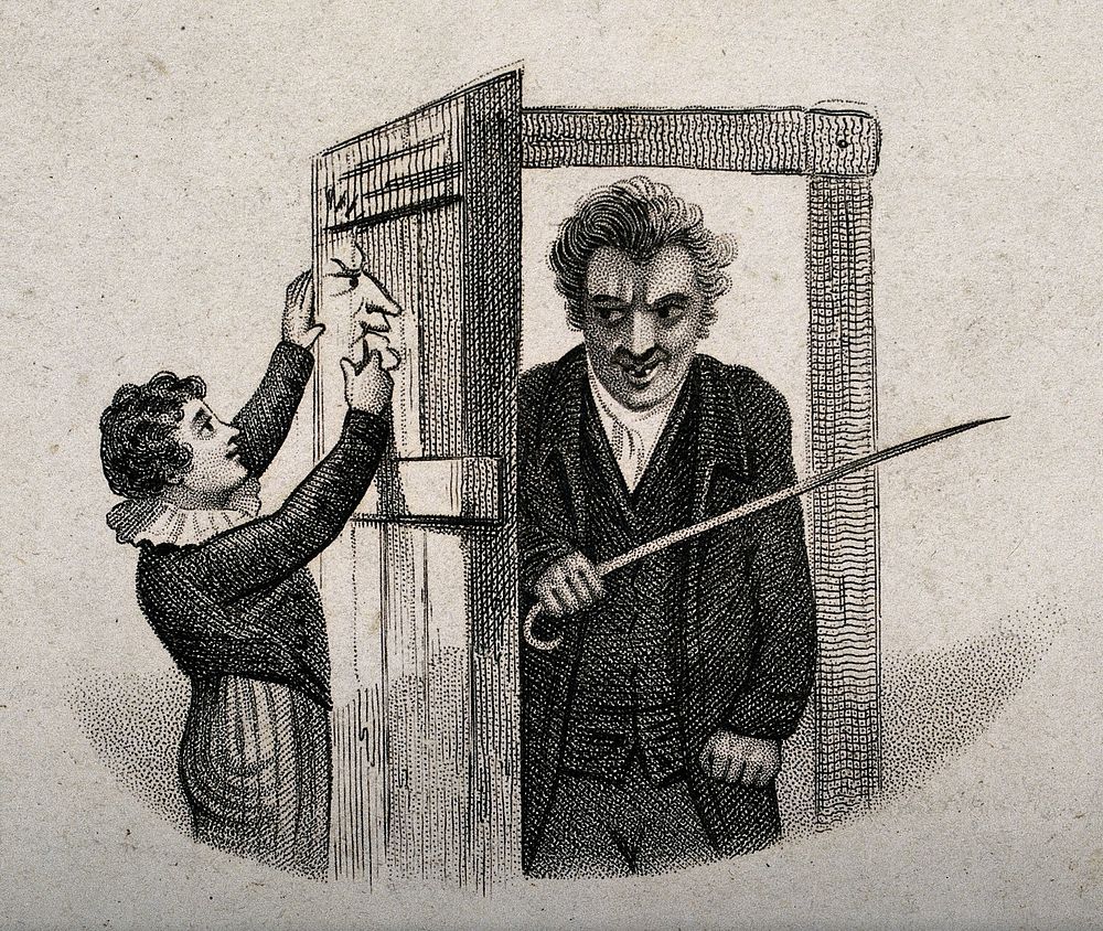 A man comes through a door with a cane in his hand as a boy on the other side is drawing a face on the door. Etching.