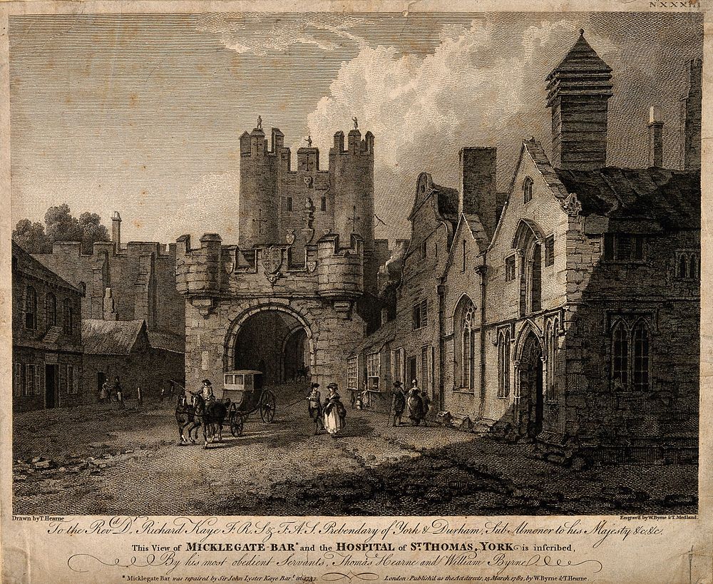 Micklegate Bar, Hospital of St. Thomas, York, England. Engraving by W. Byrne and T. Medland, 1782, after T. Hearne.