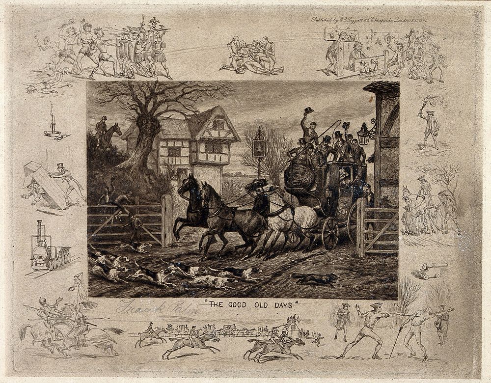 Horses pulling a stagecoach carrying a hunting party are shying at the sight of a pack of hounds chasing a fox; twelve…