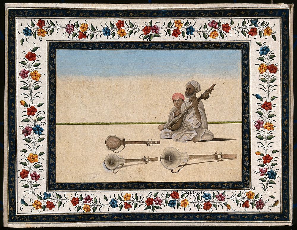 A musician playing a string instrument, with other instruments on the ground. Gouache painting by an Indian artist.