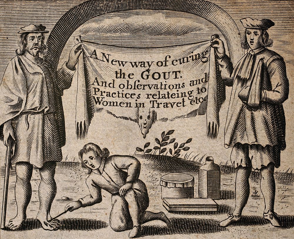 Above, treatment of gout, below, obstetrics. Engraving.