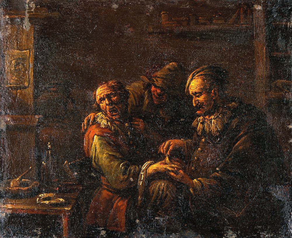 A surgeon removing a plaster from the back of a man's hand. Oil painting after  Egbert van Heemskerck.