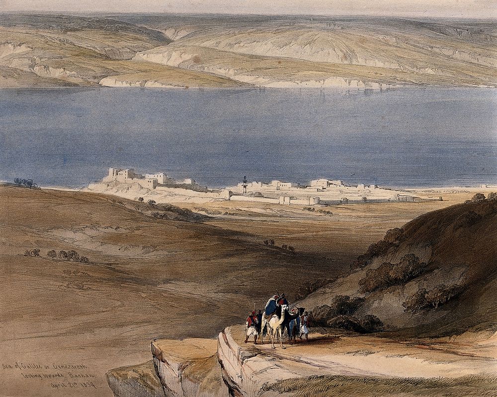 Lake Galilee, looking towards Bashan, Israel. Coloured lithograph by Louis Haghe after David Roberts, 1842.