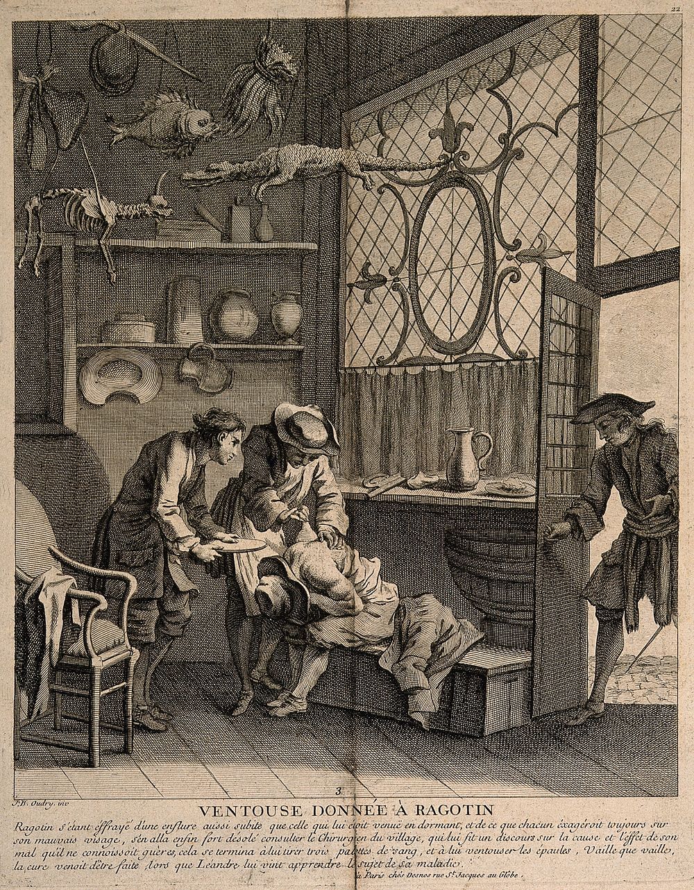 A surgeon applying the method of cupping to Ragotin, who believes his body has swelled in his sleep. Engraving by G. Huquier…