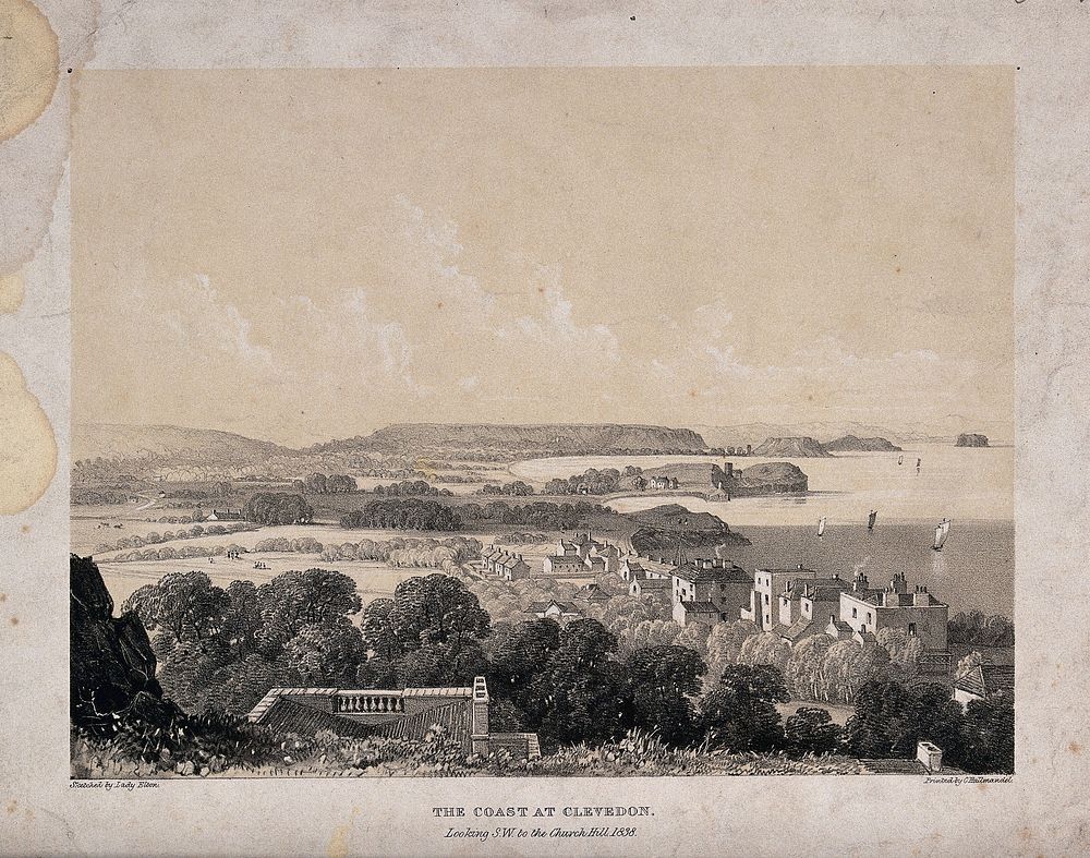 A coastal bay at Clevedon in Somerset. Lithograph after a sketch by Lady Elton, 1838.