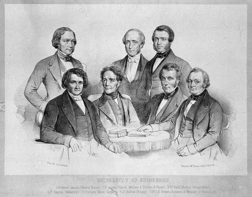 Members of the medical faculty at Edinburgh University, gathered around a table. Lithograph by Schenck and McFarlane after…