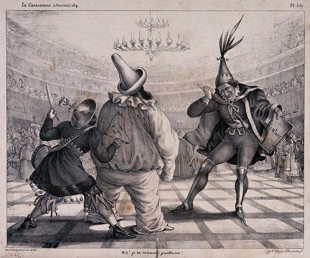 At the Opéra ball, King Louis Philippe (centre) as a clown is confronted by Charles Philipon (right, representing the…