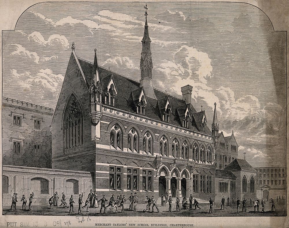The Merchant Taylor's School, Charterhouse, London: the new buildings. Wood engraving by B. Fleming, 1875.