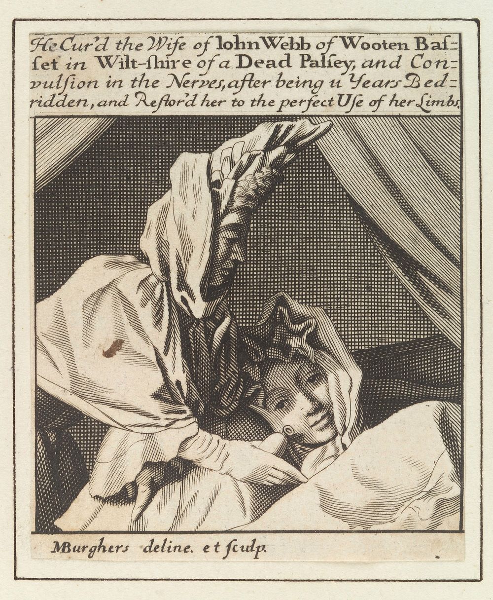 Mrs John Webb, being nursed when sick in bed with "a dead palsey, and ... convulsion in the nerves", before being cured by…