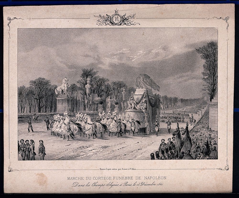 The funeral cortège of the remains of Napoleon Bonaparte in Paris in 1840. Lithograph by J. Arnout after V.J. Adam.